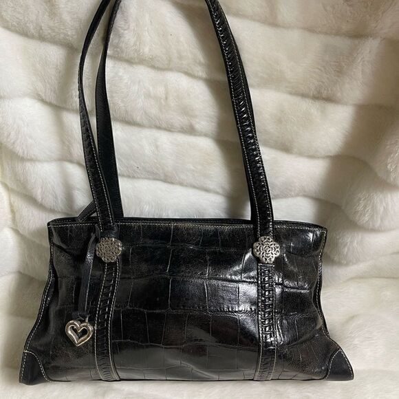 Brighton leather croc embossed black shoulder bag with silver tone accent - Picture 1 of 11